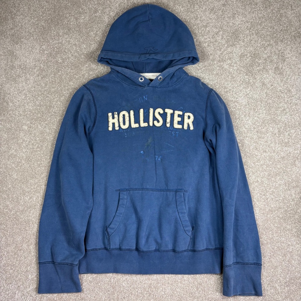 Hollister Mens Blue Heavyweight Pullover Hoodie XL Surf Graphic Sweatshirt Y2K